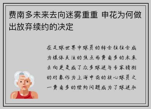 费南多未来去向迷雾重重 申花为何做出放弃续约的决定