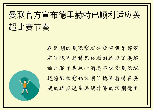 曼联官方宣布德里赫特已顺利适应英超比赛节奏