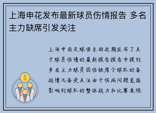 上海申花发布最新球员伤情报告 多名主力缺席引发关注 上海申花发布最新球员伤情报告 多名主力缺席引发关注